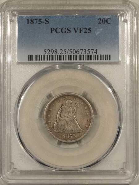 New Certified Coins 1875-S TWENTY CENT PIECE – PCGS VF-25, ORIGINAL AND NICE!