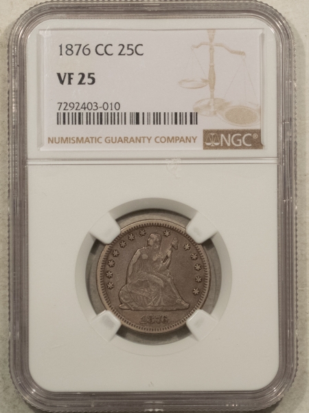 Liberty Seated Quarters 1876-CC SEATED LIBERTY QUARTER – NGC VF-25, NICE ORIGINAL CARSON CITY!