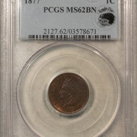 Indian 1877 INDIAN CENT, EAGLE EYE – PCGS MS-62 BN, LOOKS 63+ BROWN, PQ, FRESH!