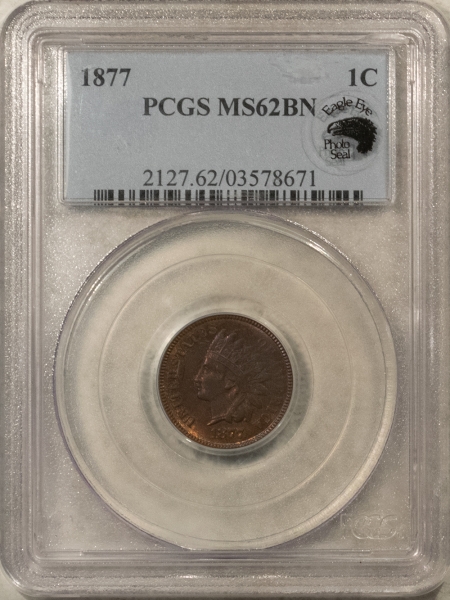 Indian 1877 INDIAN CENT, EAGLE EYE – PCGS MS-62 BN, LOOKS 63+ BROWN, PQ, FRESH!