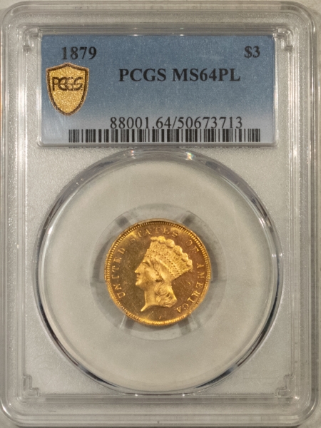 $3 1879 $3 GOLD, PCGS MS-64 PL, FROSTY W/ GREAT EYE APPEAL-POP ONLY 5 W/ 1 FINER!