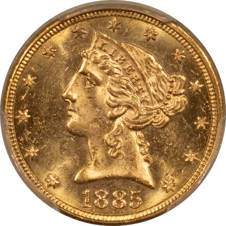 $5 1885 $5 LIBERTY GOLD HALF EAGLE – PCGS MS-63, FLASHY, SEMI-PL & PREMIUM QUALITY!