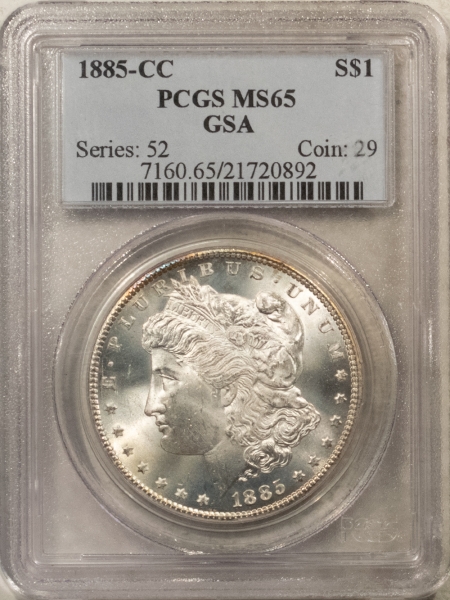 Morgan Dollars 1885-CC $1 MORGAN DOLLAR – PCGS MS-65, BLAST WHITE CARSON CITY, GSA ON HOLDER!