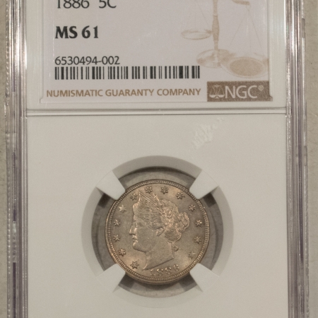 Liberty Nickels 1886 LIBERTY NICKEL – NGC MS-61, FRESH ORIGINAL, KEY-DATE! TOUGH!