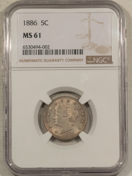 Liberty Nickels 1886 LIBERTY NICKEL – NGC MS-61, FRESH ORIGINAL, KEY-DATE! TOUGH!