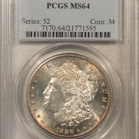 Morgan Dollars 1886-S $1 MORGAN DOLLAR – PCGS MS-64, FRESH & FLASHY, MOSTLY WHITE!