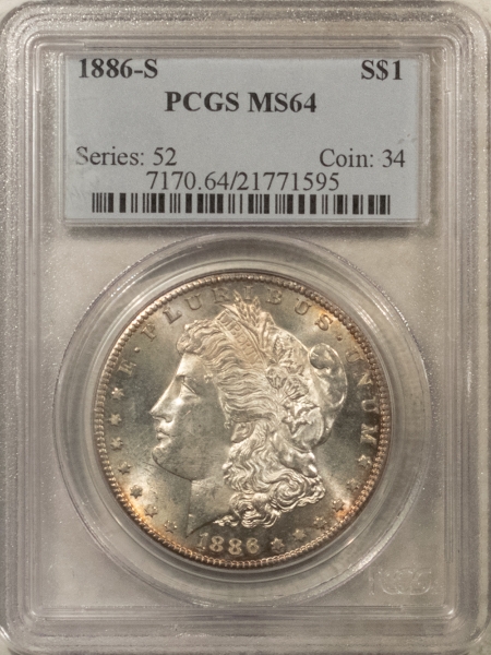 Morgan Dollars 1886-S $1 MORGAN DOLLAR – PCGS MS-64, FRESH & FLASHY, MOSTLY WHITE!