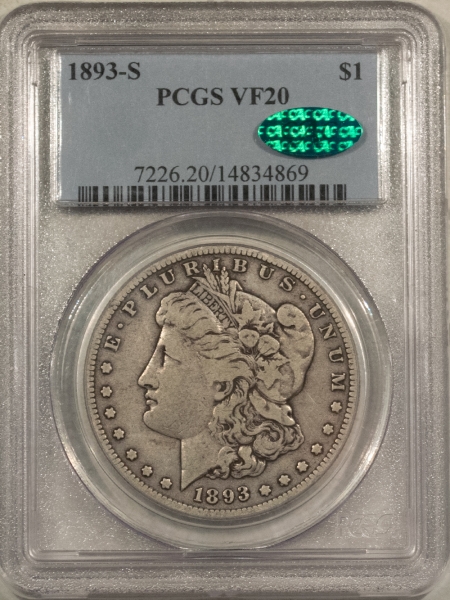 CAC Approved Coins 1893-S $1 MORGAN DOLLAR – PCGS VF-20, CAC, A PERFECT DOVE GREY KEY-DATE!