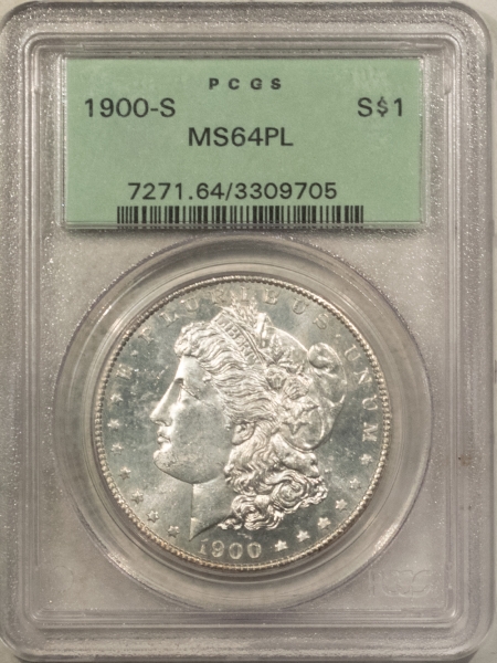 Morgan Dollars 1900-S $1 MORGAN DOLLAR – PCGS MS-64 PL PROOFLIKE, OLD GREEN HOLDER, PQ & TOUGH!