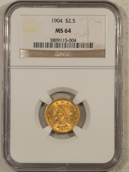 $2.50 1904 $2.50 LIBERTY GOLD QUARTER EAGLE – NGC MS-64, PREMIUM QUALITY!