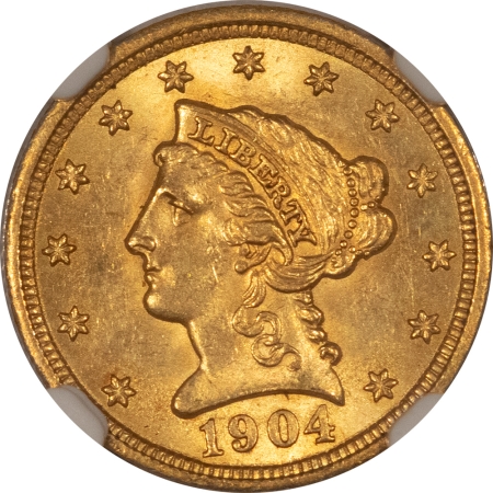 $2.50 1904 $2.50 LIBERTY GOLD QUARTER EAGLE – NGC MS-64, PREMIUM QUALITY!