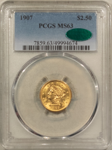 $2.50 1907 $2.50 LIBERTY HEAD QUARTER EAGLE – PCGS MS-63, CAC APPROVED!