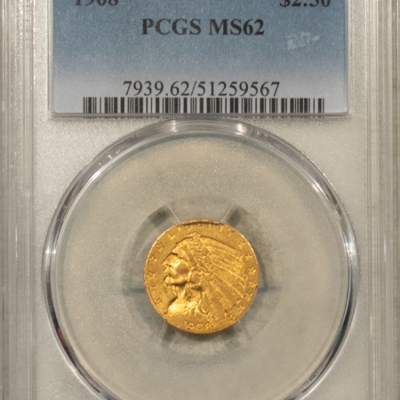 $2.50 1908 $2.50 INDIAN GOLD QUARTER EAGLE – PCGS MS-62, FIRST YEAR!