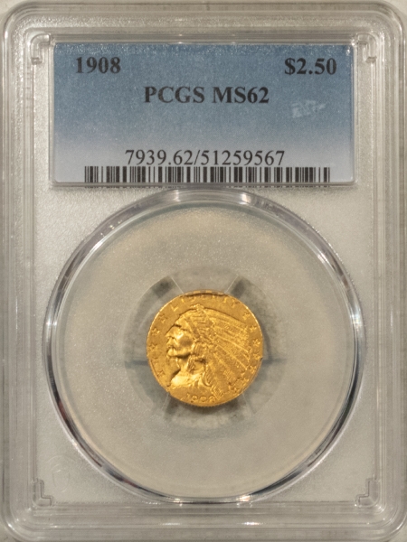 $2.50 1908 $2.50 INDIAN GOLD QUARTER EAGLE – PCGS MS-62, FIRST YEAR!