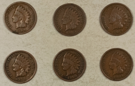 Indian 1909 INDIAN CENTS, LOT/6 – PLEASING CIRCUATED EXAMPLES!