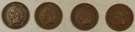 Indian 1909 INDIAN CENT, LOT/4 – NICE CIRCULATED, SOME FULL LIBERTY!