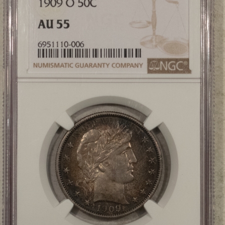 New Store Items 1909-O BARBER HALF DOLLAR – NGC AU-55, REALLY TOUGH DATE, TONED