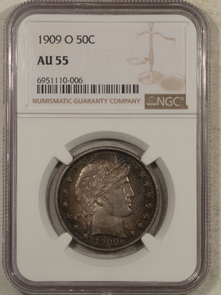 Barber Halves 1909-O BARBER HALF DOLLAR – NGC AU-55, REALLY TOUGH DATE, TONED