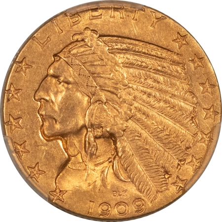 $5 1909-S $5 INDIAN GOLD HALF EAGLE – PCGS MS-62, NICE ORIGINAL, KEY-DATE!