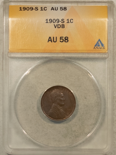 Lincoln Cents (Wheat) 1909-S VDB LINCOLN CENT – ANACS AU-58, PREMIUM QUALITY WITH LUSTER! KEY DATE!