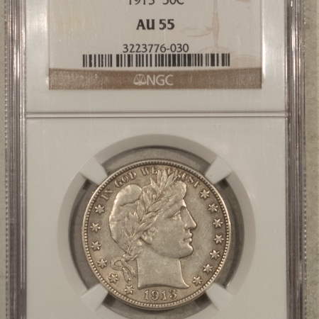 New Store Items 1913 BARBER HALF DOLLAR – NGC AU-55, KEY-DATE, REALLY SCARCE THIS NICE!