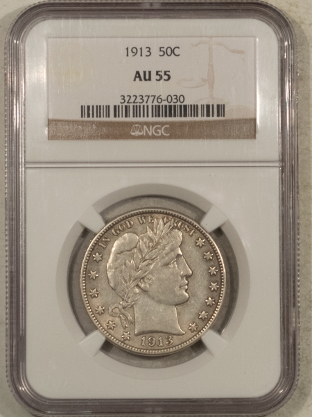 Barber Halves 1913 BARBER HALF DOLLAR – NGC AU-55, KEY-DATE, REALLY SCARCE THIS NICE!