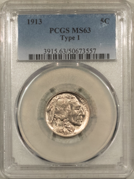 Buffalo Nickels 1913 BUFFALO NICKEL, TYPE I – PCGS MS-63, BLAZING LUSTER!