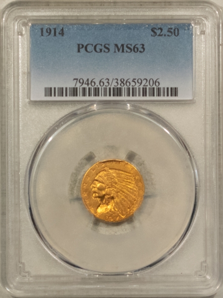 $2.50 1914 $2.50 INDIAN GOLD QUARTER EAGLE – PCGS MS-63, SCARCE SEMI-KEY DATE!