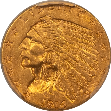 $2.50 1914 $2.50 INDIAN GOLD QUARTER EAGLE – PCGS MS-63, SCARCE SEMI-KEY DATE!