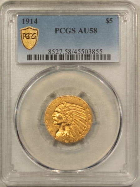 $5 1914 $5 INDIAN GOLD HALF EAGLE – PCGS AU-58, SCARCE! UNDER RATED DATE!