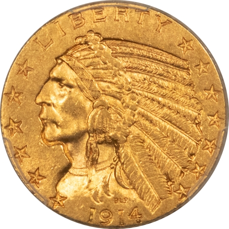 $5 1914 $5 INDIAN GOLD HALF EAGLE – PCGS AU-58, SCARCE! UNDER RATED DATE!