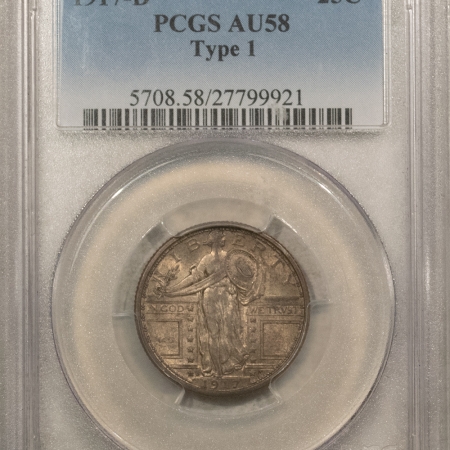 New Certified Coins 1917-D STANDING LIBERTY QUARTER, TYPE 1 – PCGS AU-58 ORIGINAL LUSTER!