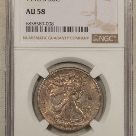 New Certified Coins 1918-S WALKING LIBERTY HALF DOLLAR – NGC AU-58, ORIGINAL AND TONED!