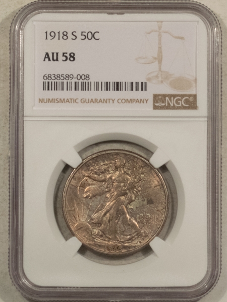 New Certified Coins 1918-S WALKING LIBERTY HALF DOLLAR – NGC AU-58, ORIGINAL AND TONED!