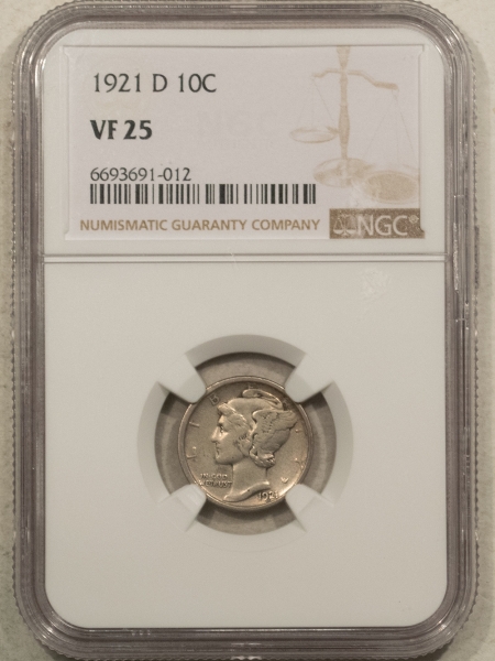 Mercury Dimes 1921-D MERCURY DIME – NGC VF-25, NICE KEY-DATE!