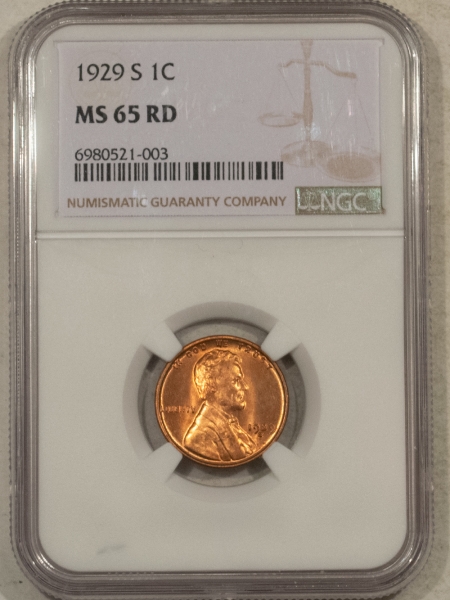 Lincoln Cents (Wheat) 1929-S LINCOLN CENT – NGC MS-65 RD, FULLY RED GEM! SUPRISINGLY TOUGH!