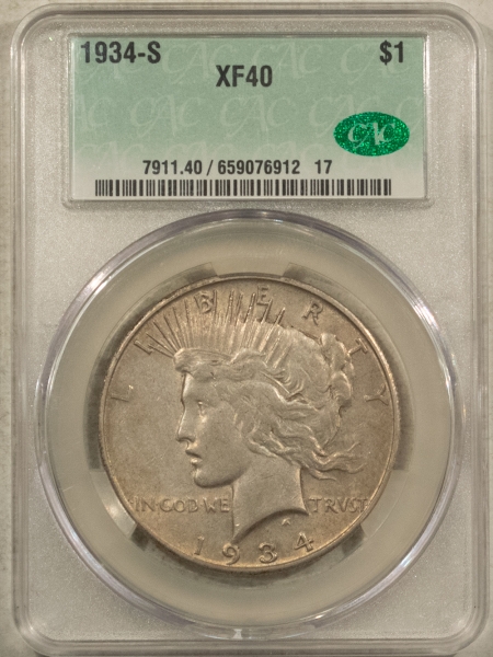 CAC Approved Coins 1934-S $1 PEACE DOLLAR – CACG XF-40, PREMIUM QUALITY++, CAC APPROVED!