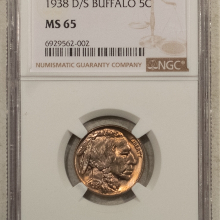 Buffalo Nickels 1938-D/S BUFFALO NICKEL – NGC MS-65, PRETTY GEM!