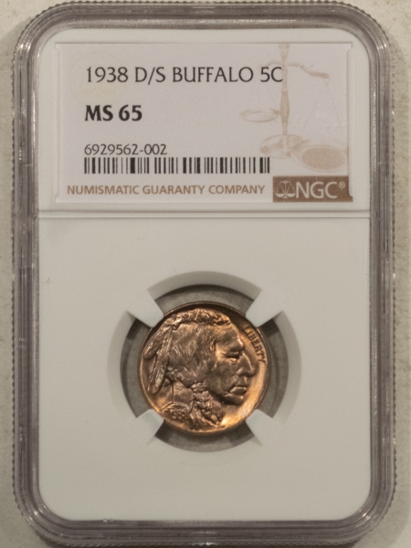 Buffalo Nickels 1938-D/S BUFFALO NICKEL – NGC MS-65, PRETTY GEM!