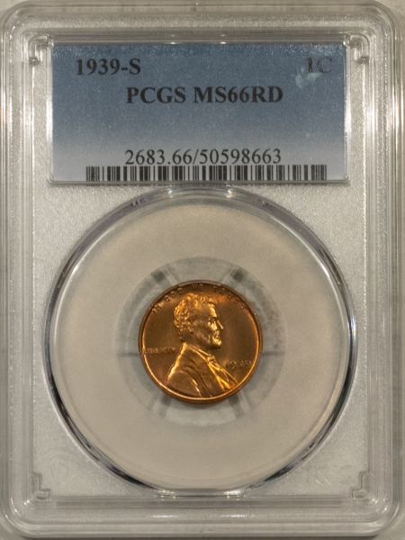 Lincoln Cents (Wheat) 1939-S LINCOLN CENT – PCGS MS-66 RD, PRETTY & PREMIUM QUALITY!