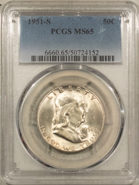 Franklin Halves 1951-S FRANKLIN HALF DOLLAR – PCGS MS-65, VIRTUALLY FULL BELL LINES!