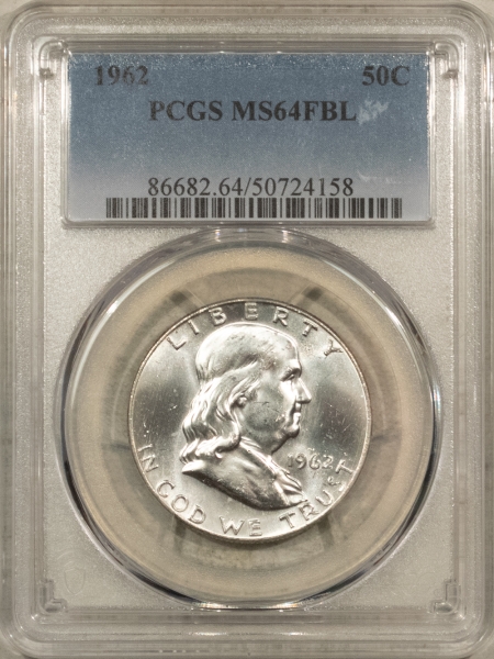 Franklin Halves 1962 FRANKLIN HALF DOLLAR – PCGS MS-64 FBL, WHITE & PREMIUM QUALITY!