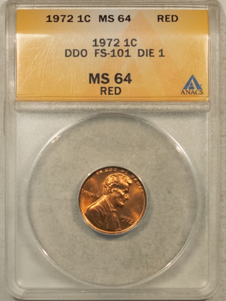 Lincoln Cents (Memorial) 1972 LINCOLN CENT, DOUBLED DIE OBVERSE, FS-101 DIE 1 – ANACS MS-64 RD