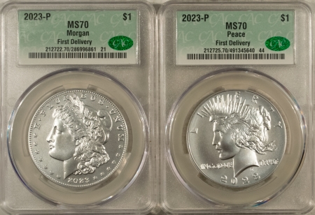 CAC Approved Coins 2023-P MORGAN & PEACE DOLLAR DOLLAR COMMEM 2 COIN SET CACG MS-70, FIRST DELIVERY