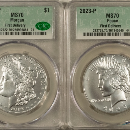 CAC Approved Coins 2023-P MORGAN & PEACE DOLLAR DOLLAR COMMEM 2 COIN SET CACG MS-70, FIRST DELIVERY