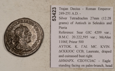 Ancient Coins 249-251 AD ROMAN EMPEROR TRAJAN DECIUS TETRADRACHM, 27MM – CHOICE ABOUT UNCIRC+!