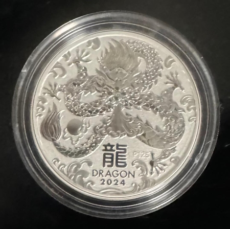 Bullion 2024 AUSTRALIA 5 OZ 9999 SILVER LUNAR SERIES-DRAGON; SEALED/ORIG GOVT CAP-GEM BU