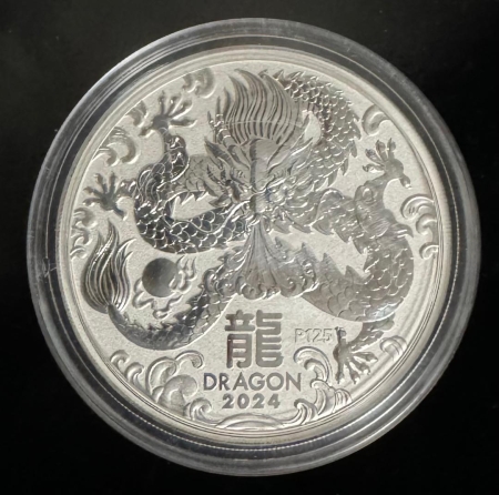 Bullion 2024 AUSTRALIA 5 OZ 9999 SILVER LUNAR SERIES-DRAGON; SEALED/ORIG GOVT CAP-GEM BU