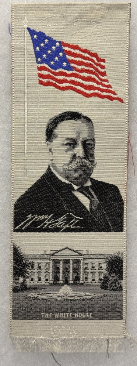 New Store Items 1908 W. H. TAFT EMBROIDERED 2 1/4″ x 6 1/4″ RIBBON, WHITE HOUSE, GRAPHIC & MINT