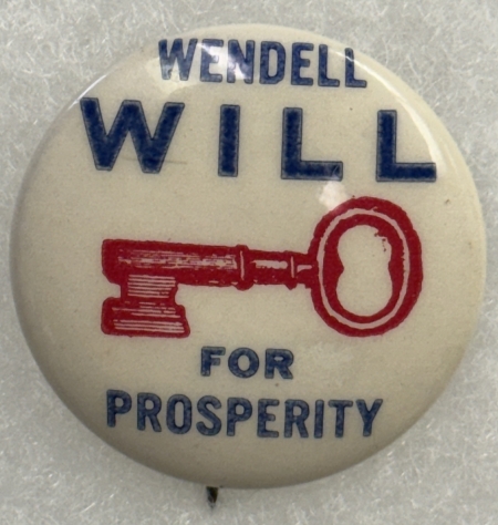 New Store Items 1940 1 1/4″ REBUS WENDELL WILLKIE CELLO BUTTON, “KEY”, FOR PROSPERITY, MINT!